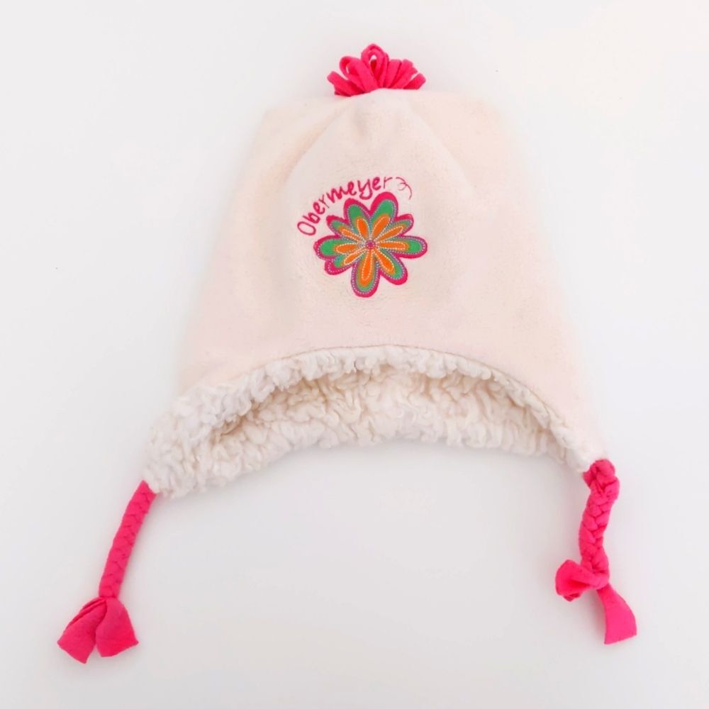 Girl's Obermeyer Fleece Cream Winter Snow Hat w/Pink Flower and Sherpa Interior